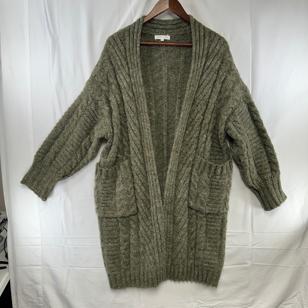 Little Lies Cardigan Womens S/M Olive Green Cable Knit Oversized Longline Pocket